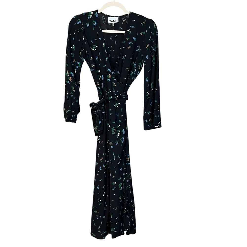 Ganni Floral Wrap Midi Dress Black Multi Size 2 Spring Feminine Classic